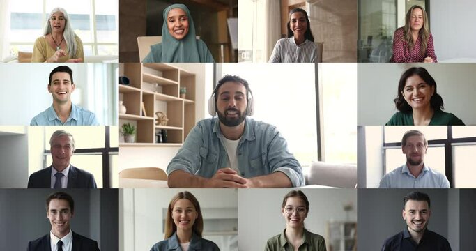 Teleconference of different age and race businesspeople, multiple videos collage faces view. Hispanic male boss in headphones lead corporate briefing, virtual meeting using videoconference application