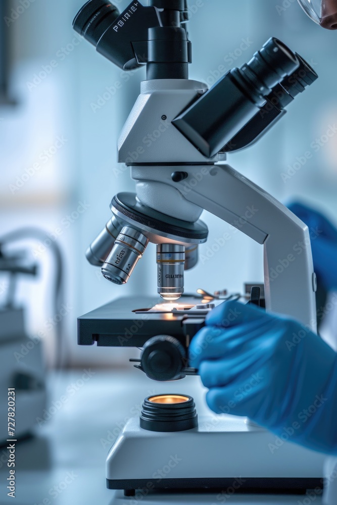 Poster A close-up view of a person looking through a microscope. This image can be used to depict scientific research, laboratory work, or education