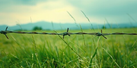 A picture of a barbed wire fence in a peaceful grassy field. This image can be used to represent boundaries, security, or rural landscapes