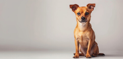 A small brown dog sitting on a white floor. Suitable for pet-related content and home decor themes