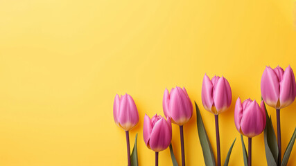 Pink tulips against a vibrant yellow background. Copy space. Blooming Beauty. Romantic Spring Wallpaper
