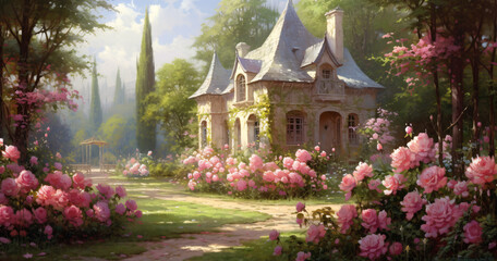 Obraz premium A beautiful garden near a beautiful house in which roses grow.lilies.and other flowers.