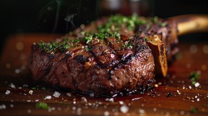 A high-quality steak is displayed on a rustic wooden cutting board, accompanied by a sharp knife. Perfect for food enthusiasts or culinary professionals. - obrazy, fototapety, plakaty