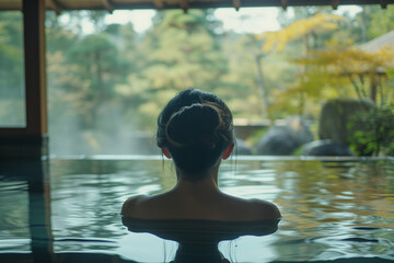 温泉に入る女性の後姿　日本の旅館イメージ