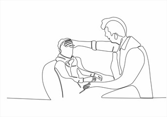 continuous line of a doctor listening to a small child who is sick ,draws a line on a white background.