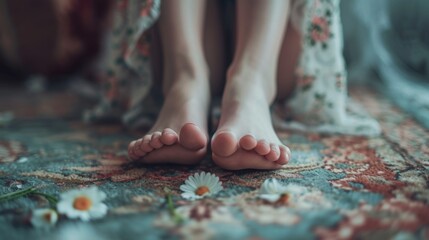 Close-up view of a person's feet resting on a soft rug. Perfect for adding a cozy and relaxed atmosphere to any interior design project or lifestyle blog