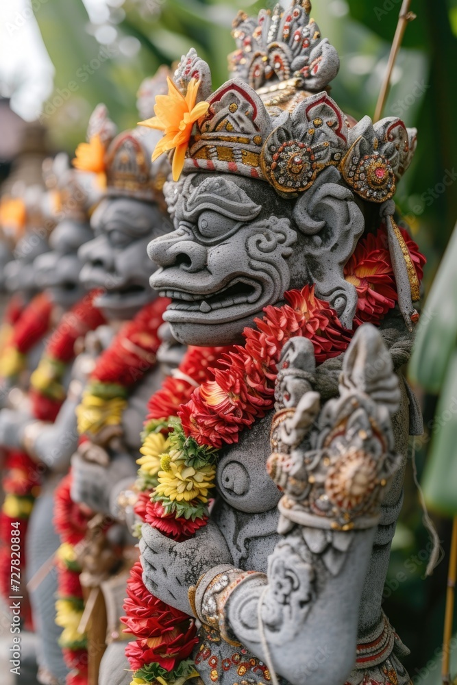 Poster a row of statues surrounded by beautiful flowers. perfect for adding a touch of elegance and beauty 