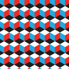 abstract seamless repeatable black red blue polygon pattern.