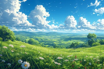 Fototapeta na wymiar Summer fields, hills landscape, green grass, blue sky with clouds, flat style cartoon painting illustration. Anime Digital Painting Landscape
