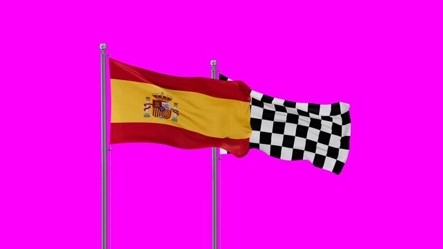 Spain flag and racing checkered flag waving with colored chroma key for easy background remove, endless seamless loop