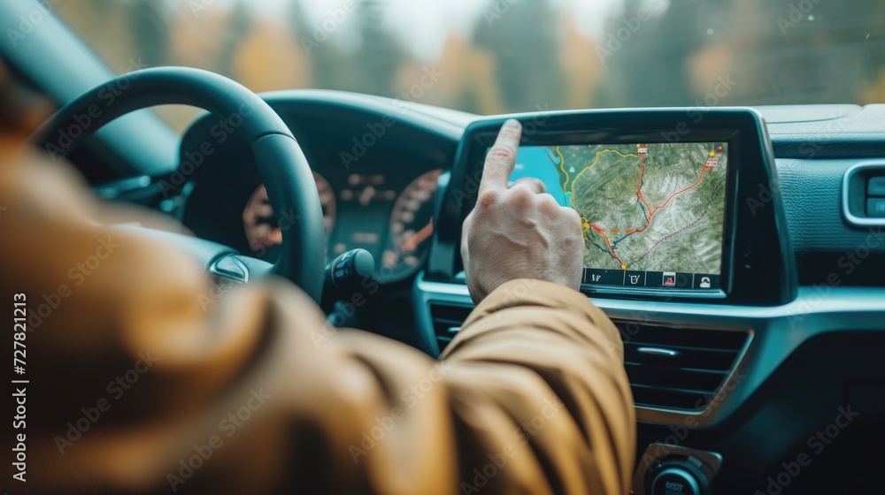 Poster A person using a GPS device in a car. This image can be used to showcase modern technology and convenience in navigating while driving