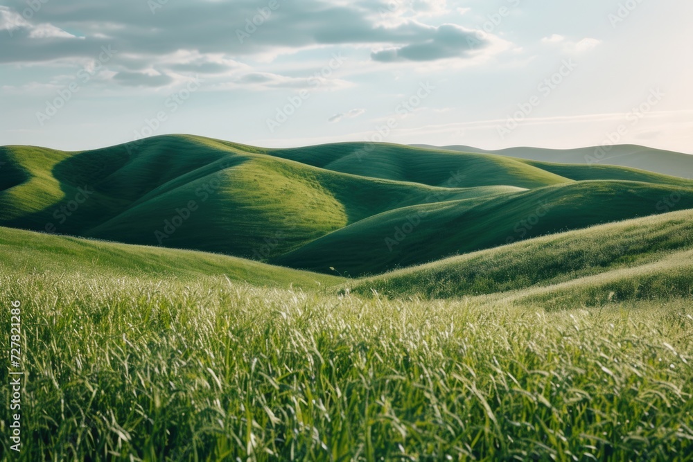 Poster a picture of a field of grass with hills in the background. suitable for nature and landscape themes