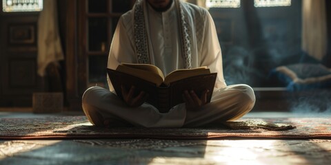 A man is sitting on a rug, engrossed in reading a book. This image can be used to depict relaxation, leisure, and the joy of reading