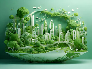 Organic Art Design Eco friendly city concept, in white Background. Green living and urban sustainability on Earth. 