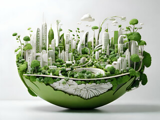 Organic Art Design Eco friendly city concept, in white Background. Green living and urban sustainability on Earth. 