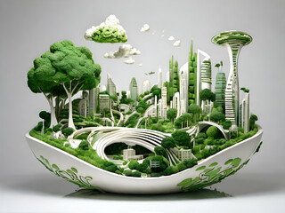 Organic Art Design Eco friendly city concept, in white Background. Green living and urban sustainability on Earth. 