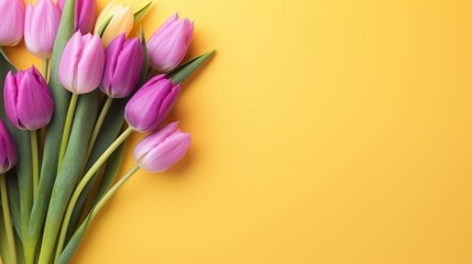 Pink Tulip Bouquet on Yellow Background with Copy Space. Mother's Day Greeting Card. Women's Day Celebration.