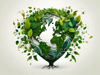 Organic Art Design Earth Day in white Background. Nature, trees and green leaves. intricate details.