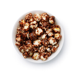 Top view of chocolate popcorn in ceramic bowl