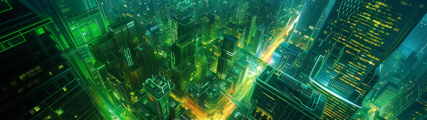 A Hi-Tech Cyberpunk Green Neon City 