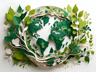 Organic Art Design Earth Day in white Background. Nature, trees and green leaves. intricate details.