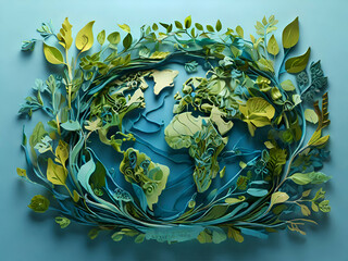 Organic Art Design Earth Day in white Background. Nature, trees and green leaves. intricate details.