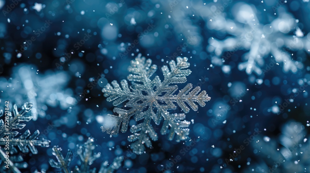 Poster a single snowflake resting on the snow. perfect for winter-themed designs and holiday projects