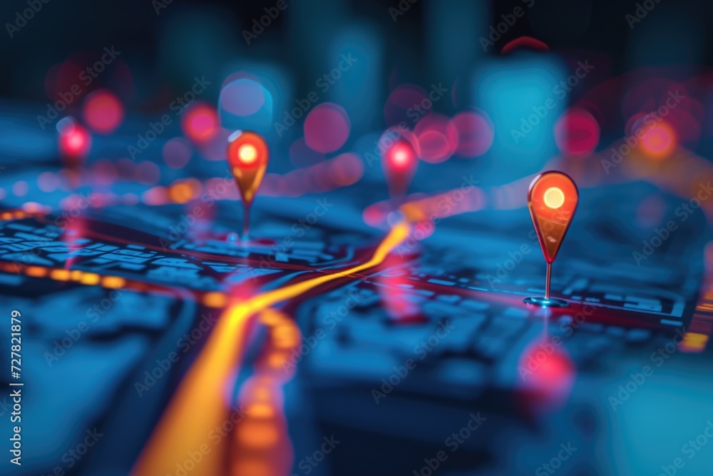 Poster a detailed close-up of a map with pins marking various locations. perfect for travel, adventure, or 