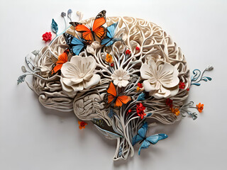 Organic Art Design brain with flower and butterflies, in white Background. 