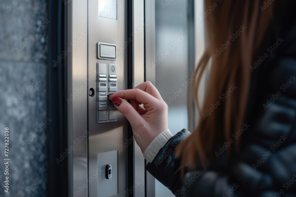 Aufkleber Close up of a person pressing a button on an elevator. Perfect for illustrating concepts related to technology, transportation, and modern convenience