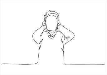 continuous line a child covers his ears with both hands