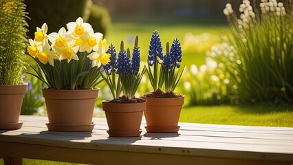 A lot of spring bright flowers in clay pots stand in a row. Gardening bacground