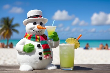 snowman drinking a margarita on the beach