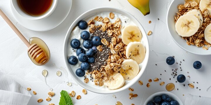 A delicious bowl of granola topped with fresh bananas, juicy blueberries, and drizzled with sweet honey. Perfect for a healthy breakfast or snack