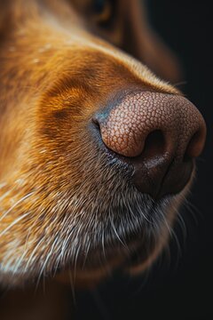 A close-up view of a dog's nose. This image can be used to depict the sense of smell or as a representation of a pet's features