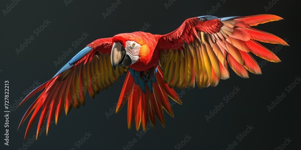 Poster A beautiful parrot with vibrant red and yellow feathers gracefully soaring through the air. Perfect for adding a touch of color and life to any project or design