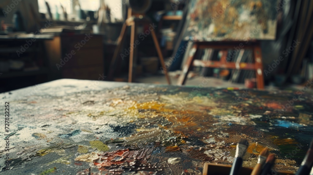 Poster paint palette with various colors on a table. suitable for artists and creative projects
