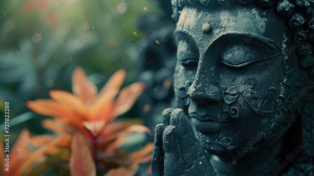 Poster A close-up view of a statue with a beautiful flower in the background. This image can be used to add a touch of elegance and nature to various design projects
