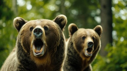 Fototapeta premium Two brown bears standing side by side. Suitable for nature and wildlife themes