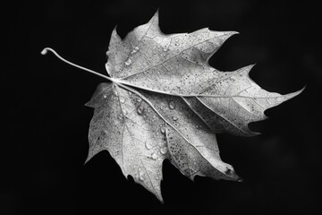 A black and white photo of a leaf covered in water droplets. Can be used to depict nature, rain, or the beauty of simplicity