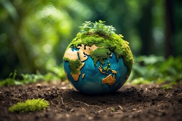 Earth globe in nature, earth globe in water, wild life, ecology, tiny planet