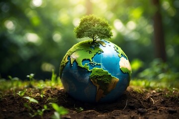 Earth globe in nature, earth globe in water, wild life, ecology, tiny planet, forest