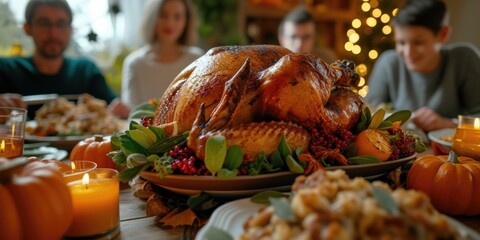 A turkey is sitting on a platter on a table. Perfect for Thanksgiving or holiday-themed designs