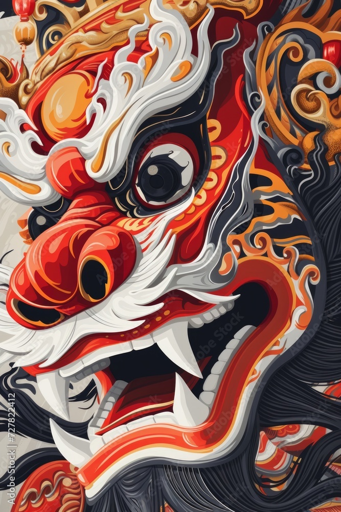 Poster A detailed close-up image of a red and black dragon. This picture can be used to add a touch of fantasy and mythology to various design projects