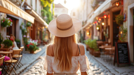 Young woman in a straw hat, tourist, rear view, walks through narrow old European streets with cafes and shops. Tourism and travel concept.