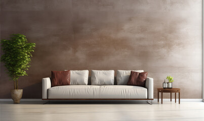 Modern living room interior with bright creamy sofa