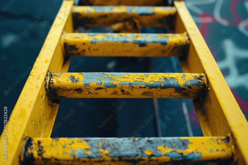 Aufkleber A close-up view of a yellow ladder with paint on it. This versatile image can be used to depict construction, home improvement, or DIY projects