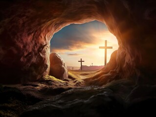Crucifixion and Resurrection. Empty tomb of Jesus with crosses in the background. Easter or Resurrection concept. He is Risen. - obrazy, fototapety, plakaty