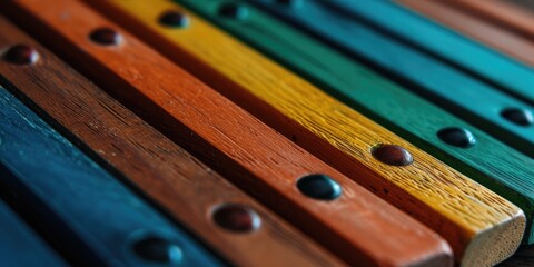 A close up of a multicolored wooden bench. Perfect for adding a pop of color to any outdoor space