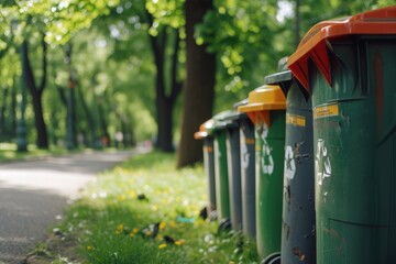 A row of garbage cans sitting on the side of a road. Suitable for depicting cleanliness, waste management, or urban environment.